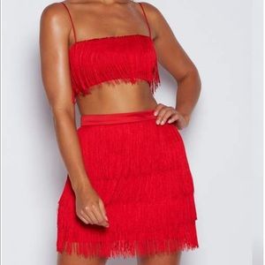 Red Fringe Top and Skirt Set